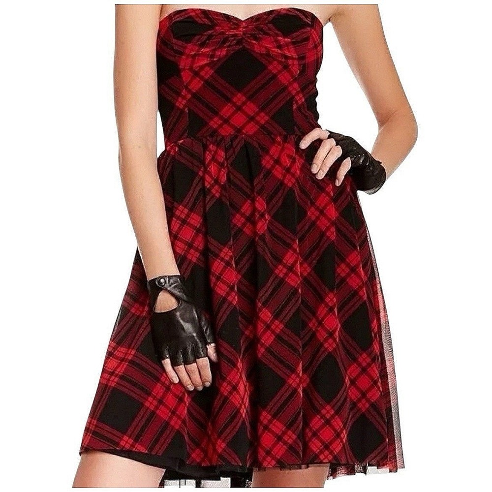 Betsey Johnson Red Black Plaid Fit Flare Dress Punk Goth Strapless Mini Dress 12